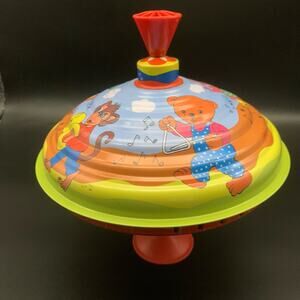 Vintage LBZ Hand Spinning Top Tin Litho Toy with Cartoon Animals